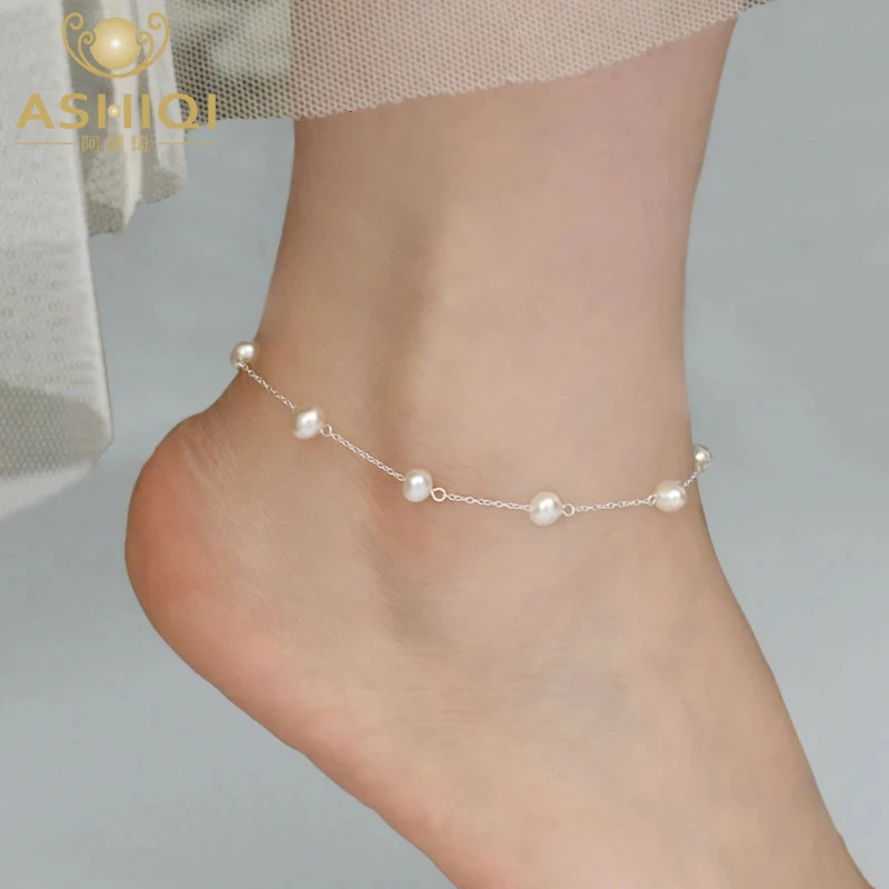 ASHIQI Natural Freshwater Pearl 925 Sterling Silver Anklet Wave Retro Shoes Trend Women Jewelry Gifts 241231