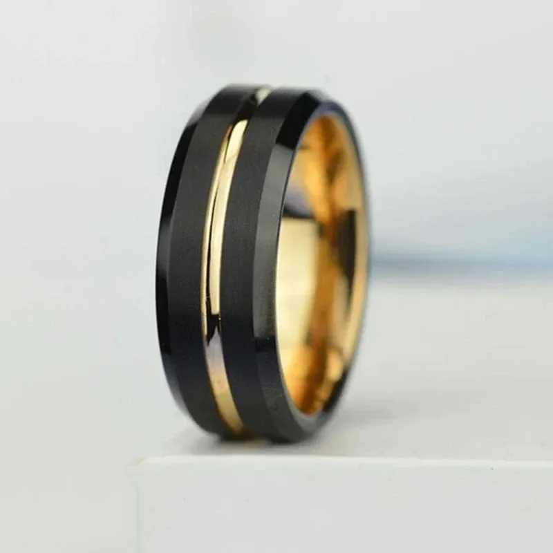 Fashionable 8MM mens gold groove stainless steel ring black brushed engagement ring womens wedding anniversary jewelry W250102