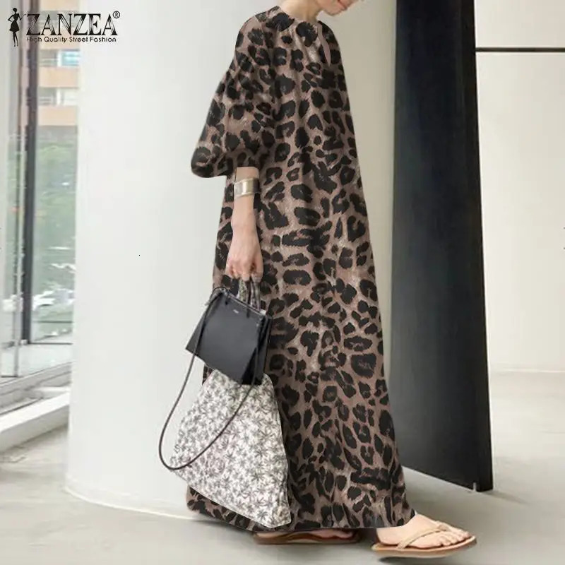 Fashion Printed Maxi Dress Womens Leopard Sundress ZANZEA Spring Puff Sleeve Long Vestidos Female V Neck Robe Oversize 241231