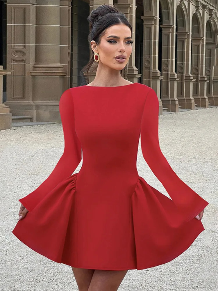 Mozision Elegant Long Sleeve Sexy Womens Mini Dress Solid O-Neck High Waist A-line Bodycon Club Party Dress 241231