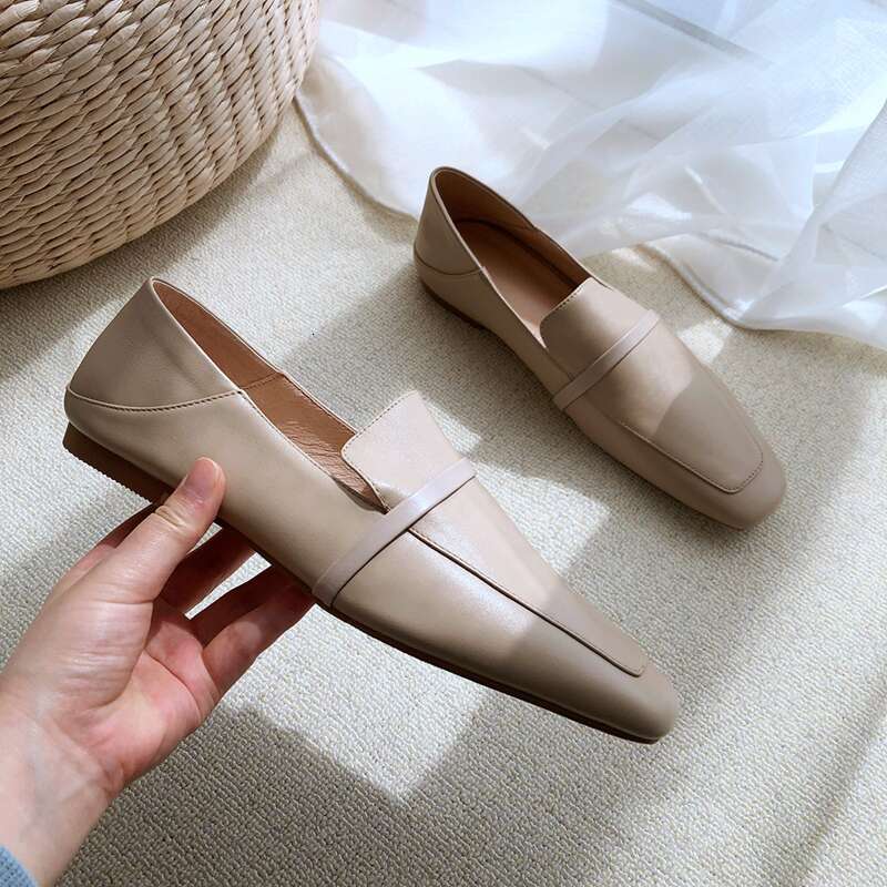 Cow Leather Square Toe Flats Casual Loafers Women Shoe Without Heel 2023 New Spring Autumn Mules Woman Simple White Shoes