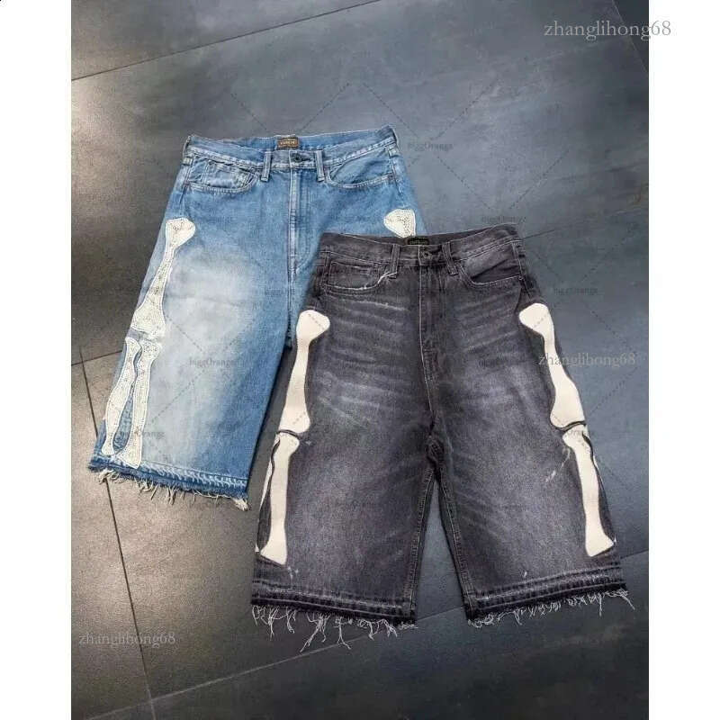 European and American Summer Retro Skeleton Denim Shorts Sports Leisure Couple Clothing Street Wear Five Pair Pants 240912