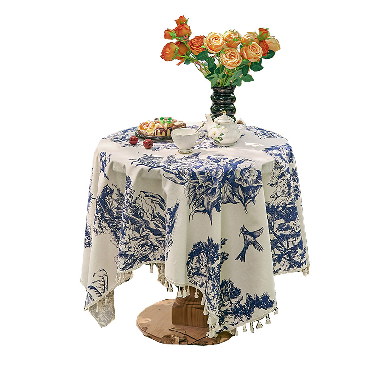 French Retro Blue Ink Pastoral Printing Coffee Table Tablecloth v-1