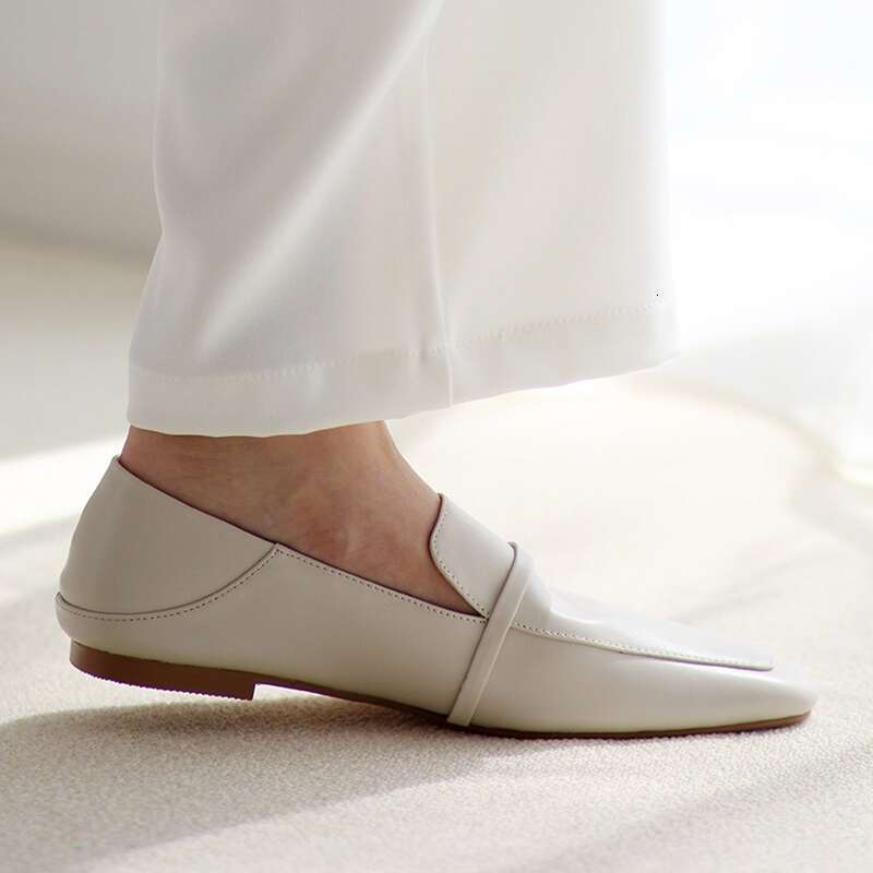 Cow Leather Square Toe Flats Casual Loafers Women Shoe Without Heel 2023 New Spring Autumn Mules Woman Simple White Shoes