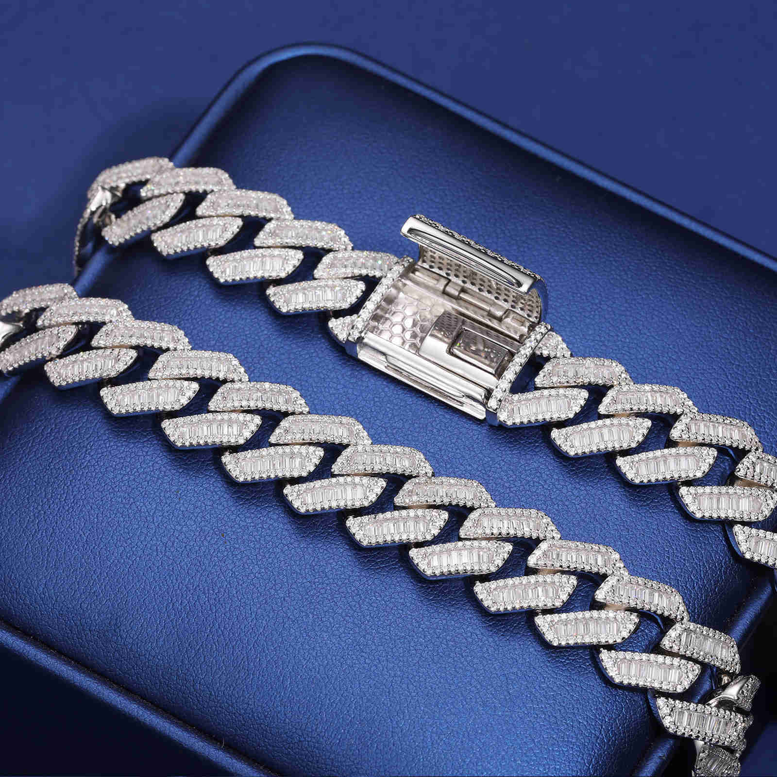 Pass Diamond Tester 14mm Baguette Moissanite Cuban Link Chain 925 Sterling Silver VVS Mossanite Diamond Iced Out Mens Necklace