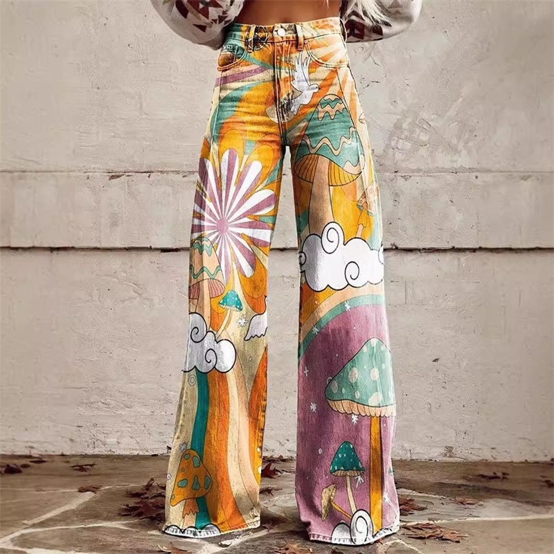 Plus Sizes S-5XL Women Jeans 2025 New 3D Heat Transfer Printing Bell Bottom Pants Simulation Denim Pants Loose Pants