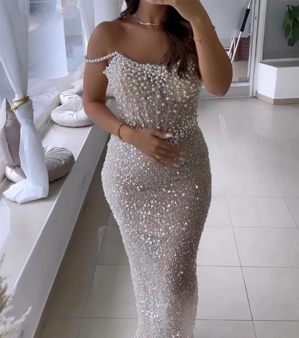 Banquet Evening Dress Pearls Spaghetti Straps Sequins Column Ankle Length Prom Formal Party Gowns Arabic Dubai Robe De Soiree