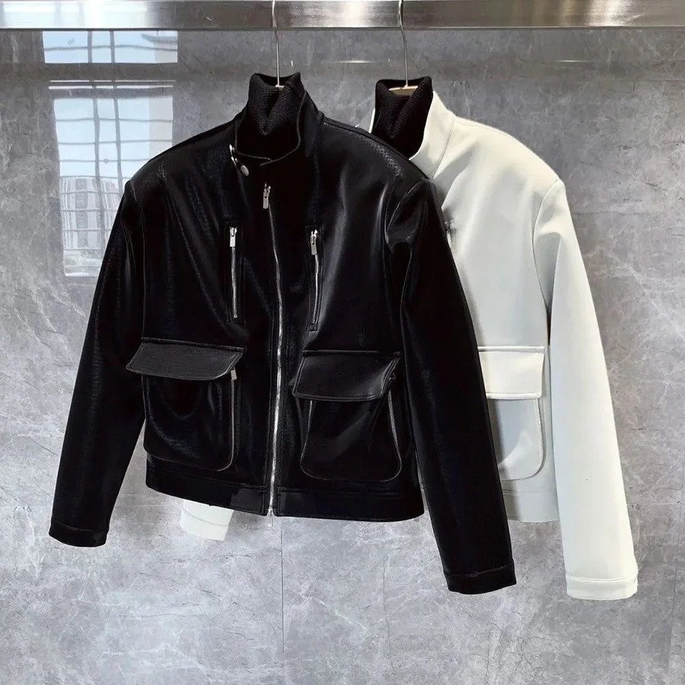 Y2K mens leather jacket pocket button zipper motorcycle leather jacket autumn casual youth trend mens Korean clothing 241230