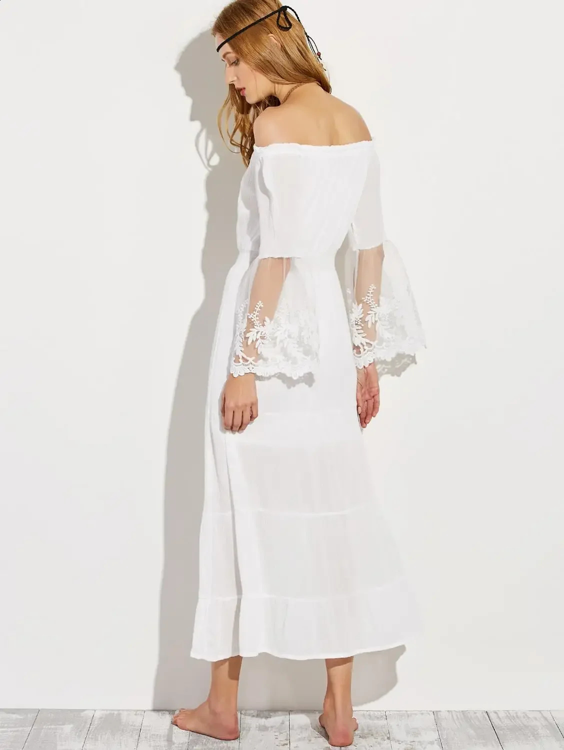 TEELYNN Boho White Sexy Off Shoulder Beach Sun Skirt Sparkling Long Sleeve Spliced Lace Womens Summer Dress 241231