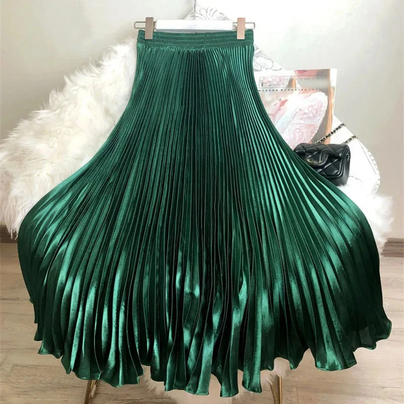 2024 Fashion Women Summer Glossy Satin Pleated Skirt Elastic Waist Dance A-line Skirts Female Reflective Long Mermaid Skirts 241231