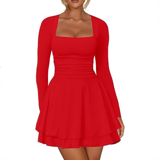 Womens Square Neck Pleated Hem Dress with Waist Cinching Long Sleeved Tight Fitting Short Party Dress