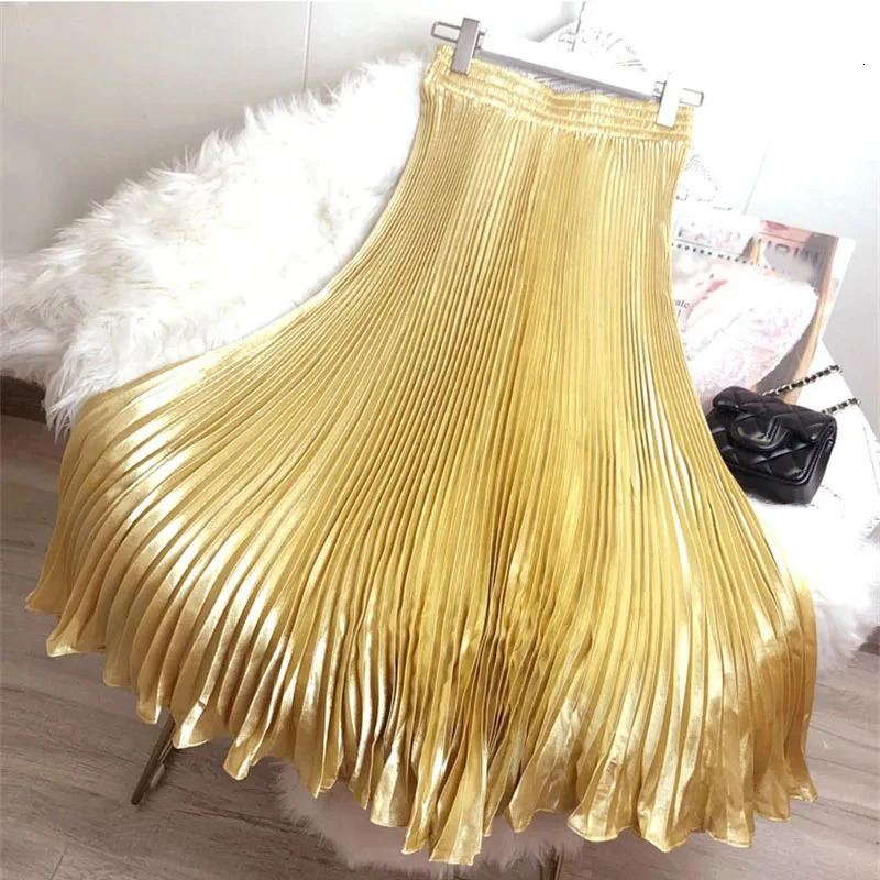 2024 Fashion Women Summer Glossy Satin Pleated Skirt Elastic Waist Dance A-line Skirts Female Reflective Long Mermaid Skirts 241231