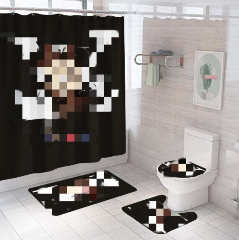 High-end Foreign Trade 4 Piece Set Shower Curtain For Home Bathroom Carpet Non Slip Bath Curtains Mats Soft Absorbent Toilet Seat Covers