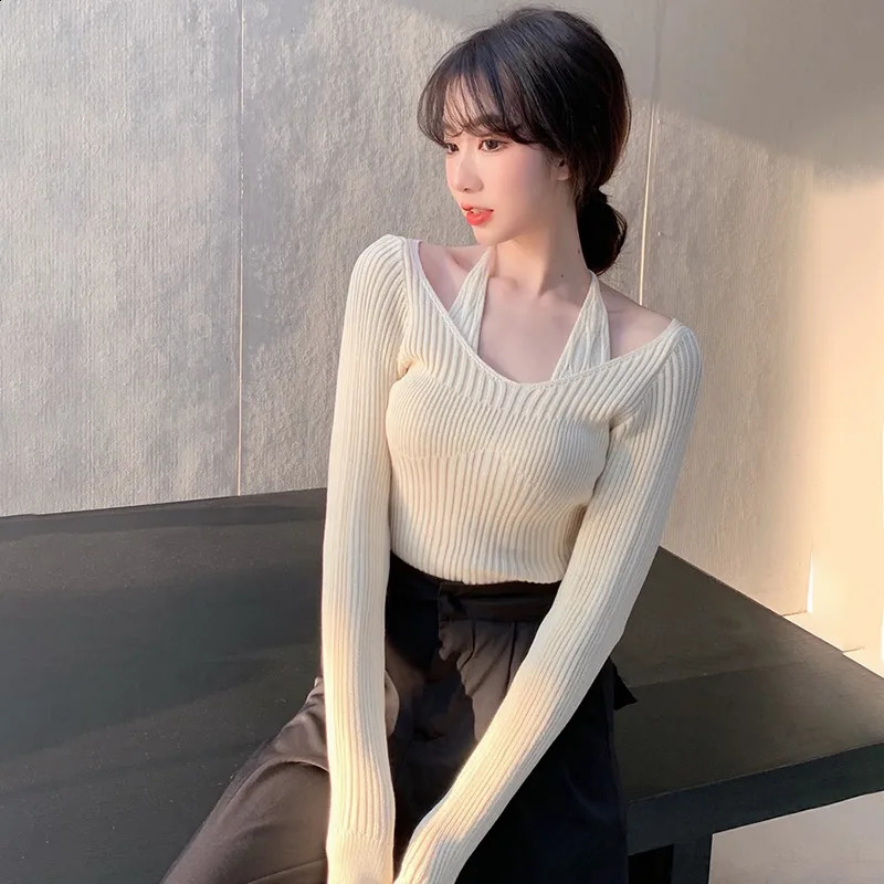 Womens Korean style long sleeved sweater shoulder sexy knitted latte art skydiving sweater knitted sweater casual loose shirt 241231