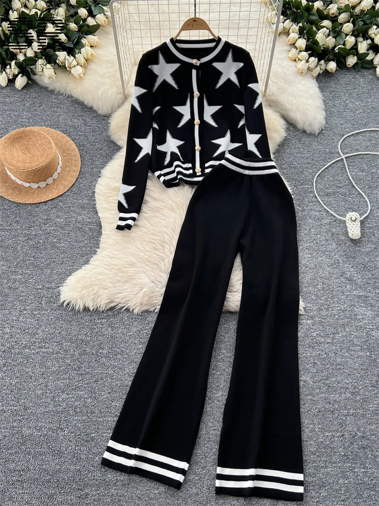SINGREINY Korean Star Print Knit Two Pieces Suits Women O Neck Single Breasted Cardigan SweaterWide Leg Pants Casual 2pcs Sets 241230