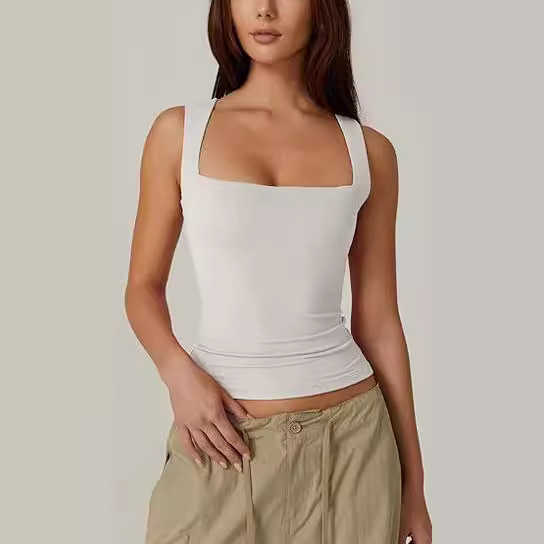 2024 New Summer Womens Square Neck Sleeveless Double Layer Tank Top Basic Tight T-shirt