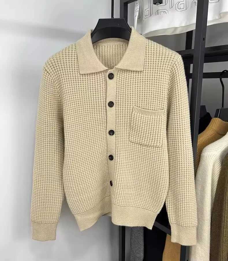 New Arrival High end waffle knit cardigan wool sweater winter new style lapel fashionable pocket Korean style knitted sweater casual solid color jacke