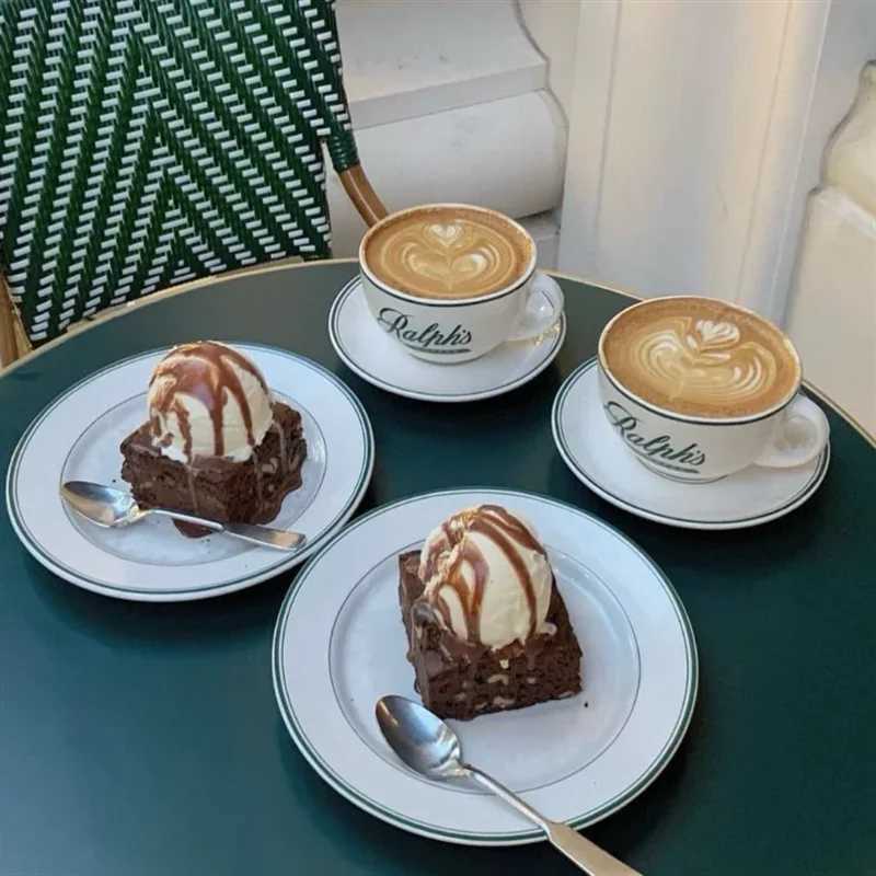 Medieval Green Cafe Ceramic Vintage Afternoon Tea Coffee Cup Dim sum Plate Table 3 Piece Dinner Set C250102C250421