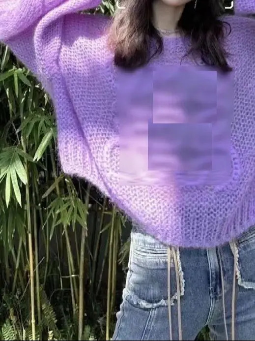 Winter Oversized Knitted Pullover Women Casual Crew Neck Solid Purple Twisted Long Sleeve Tops Lady Mohair Sweater 241231