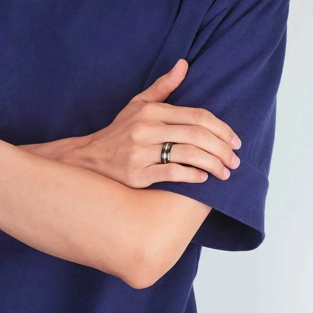 Fashionable 8MM mens gold groove stainless steel ring black brushed engagement ring womens wedding anniversary jewelry W250102