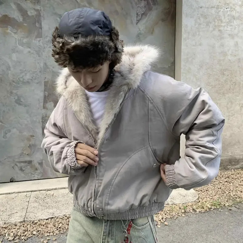 Retro Fur Collar And Velvet Padded Warm Work Coat For Men Women Y2K Harajuku Gothic Casual Joker Street Wear 250102