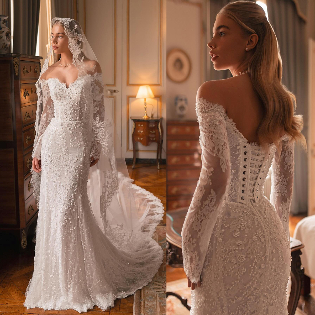 Elegant Wedding Dress Pearls Mermaid Bridal Gowns Off Shoulder Lace Up Illusion Long Sleeves Bride Dresses Customized Plus Size Vestido de novia