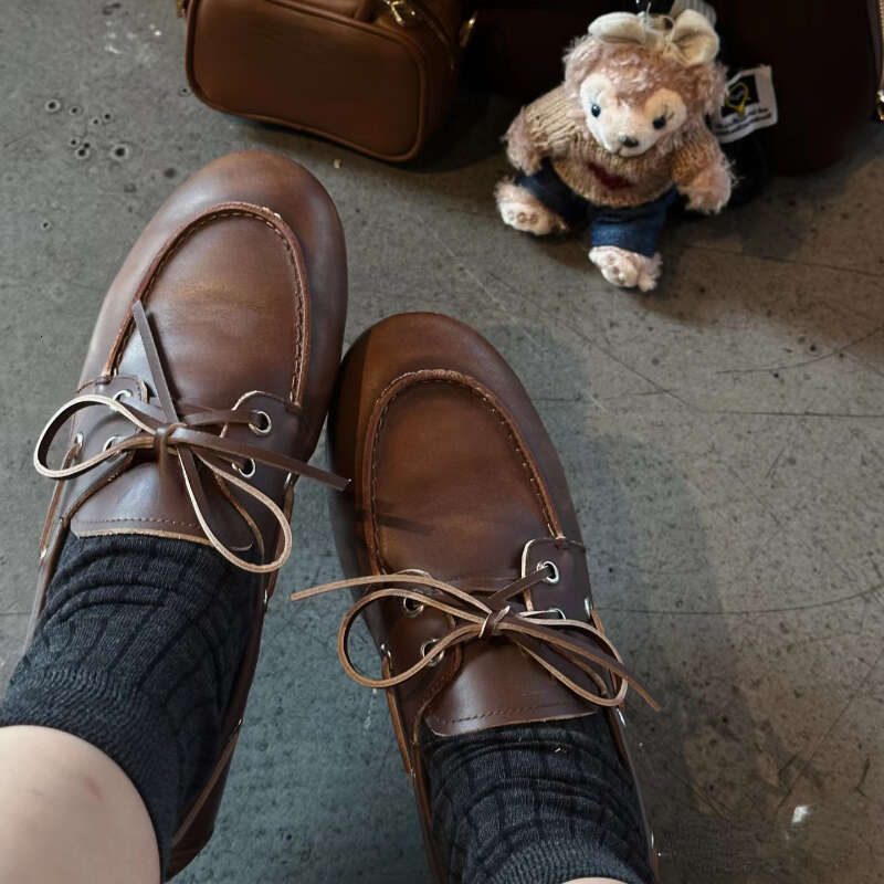2024 Autumn And Winter New Bow Shallow Mouth Saig Women's Casual Retro Brown Lace-Up Loafers Flat Shoes 250225