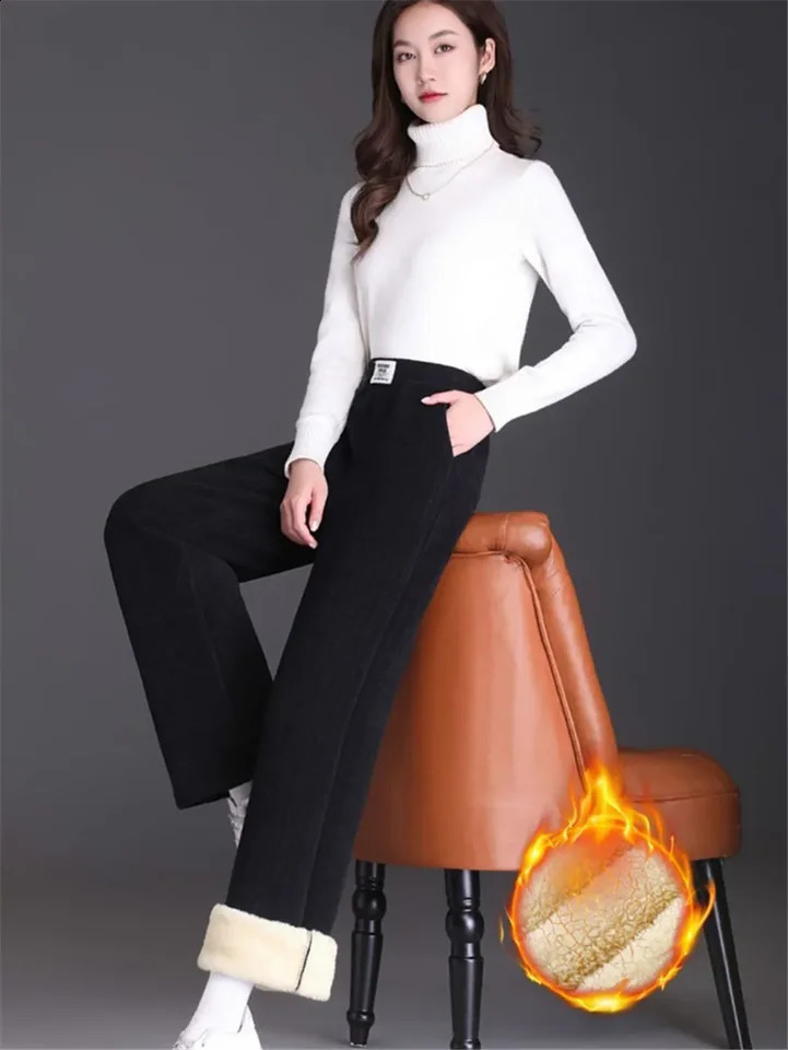 ThinThick Winter Lined Wide Leg Pants CasualThicken Warm Baggy Sweatpants Women HighWaist Korean Lamb Fluff Straight Pantalones 241231