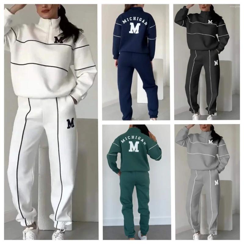 Womens Two Piece Pants Sets Women Pant Set Zipper Tracksuit Jogger Loose Sweatshirts Print Letter Elastic Waist Long Autumn Winter