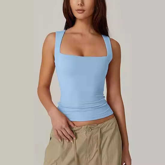 2024 New Summer Womens Square Neck Sleeveless Double Layer Tank Top Basic Tight T-shirt