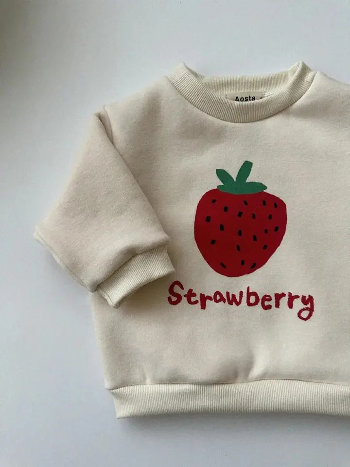 Autumn Winter Boy Girl Children Strawberries Long Sleeve Sweatshirt Kid Cotton Print Thick Warm Tops Baby Fashion Pullover Shirt 241226