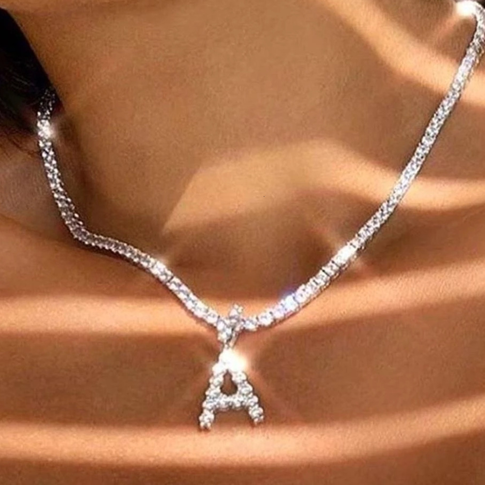 26 Letter Initial Pendant Tennis Chain Choker for Women Statement Bg Crystal Alphabet Necklace Collar Jewelrywww