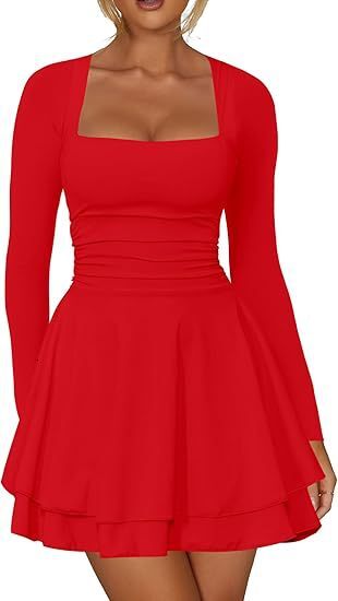 Womens Square Neck Pleated Hem Dress with Waist Cinching Long Sleeved Tight Fitting Short Party Dress