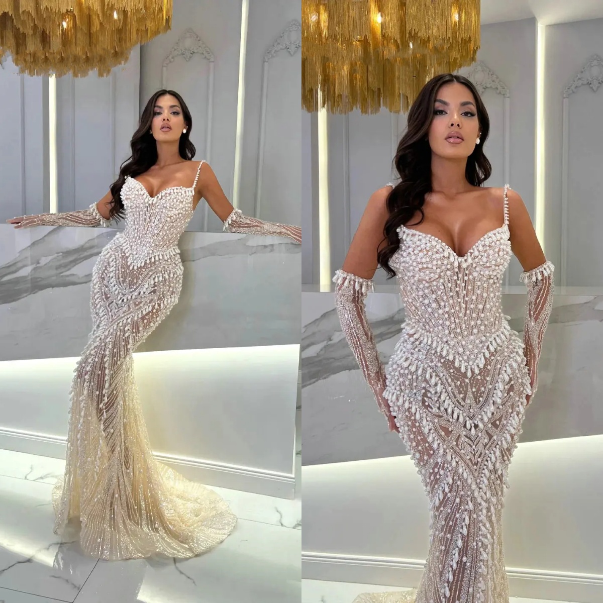 Gorgeous Evening Dresses For Women Spaghetti Strap Sleeveless Gown Sequins Pearls Beaded Sweep Train Customized Dress Party