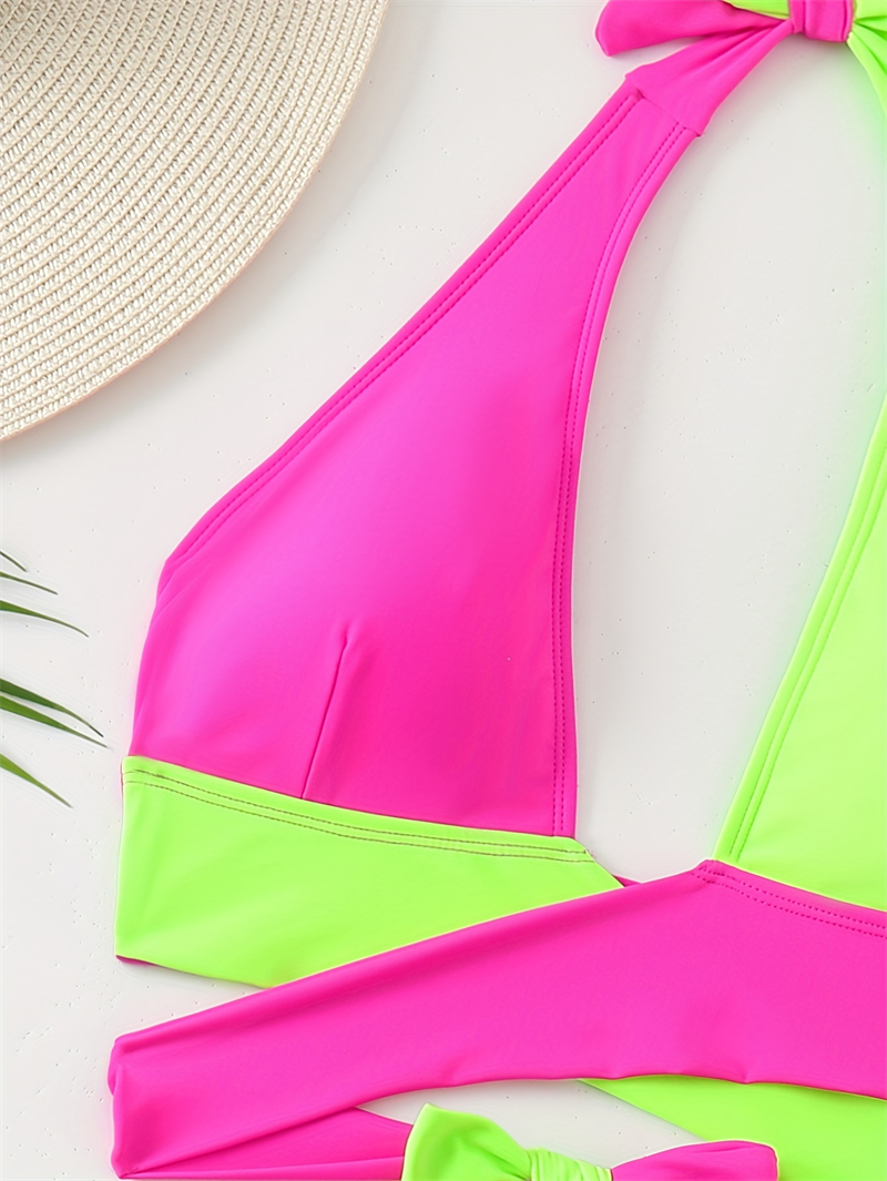 Stylish Women's Neon Bikini Set Crisscross Bandage Swimwear Back Tied Bikinis Set Swimsuit High Waist Bottom With Belt Halter Neck Summer Beach B