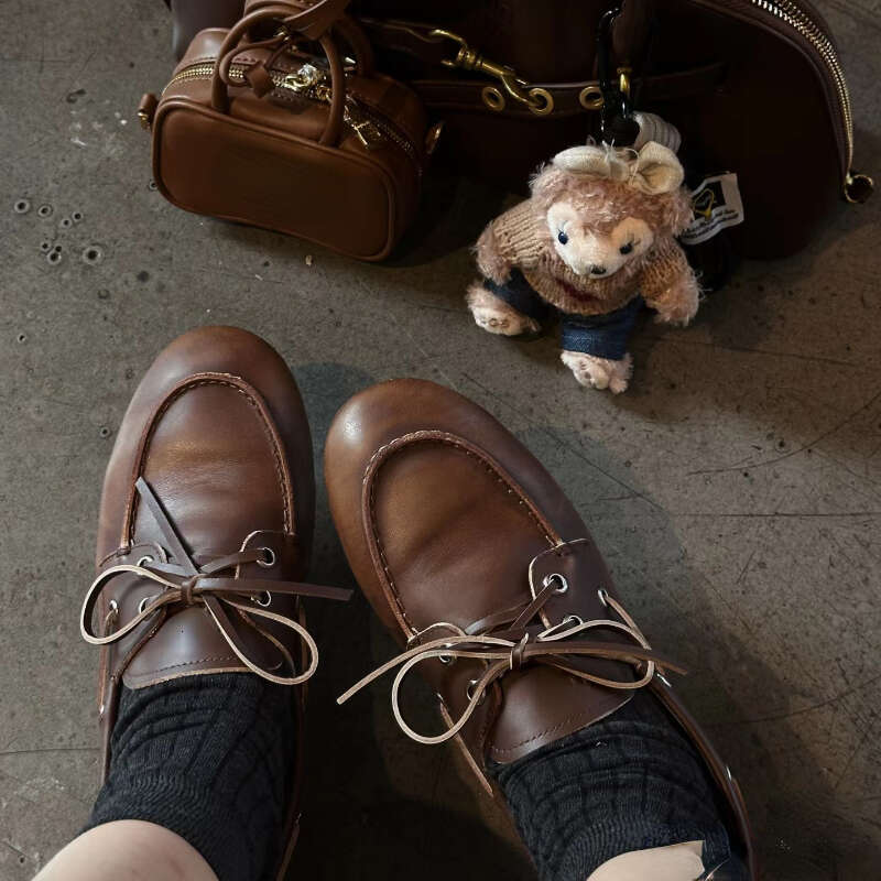 2024 Autumn And Winter New Bow Shallow Mouth Saig Women's Casual Retro Brown Lace-Up Loafers Flat Shoes 250225