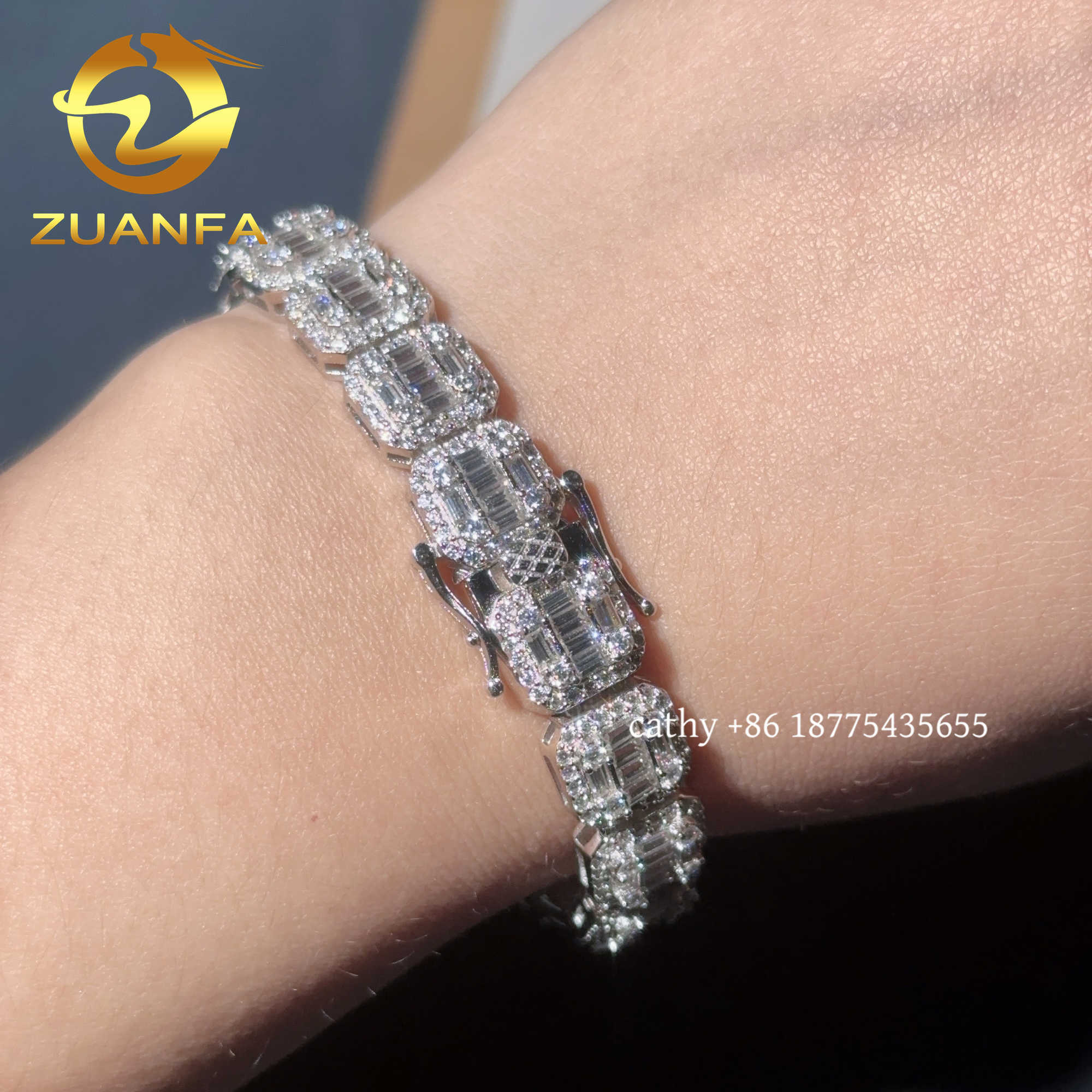Fashion Men Bracelet 10mm Baguette cut Moissanite Solid 925 Silver Hip Hop Jewelry Iced out Cuban Link Bracelet