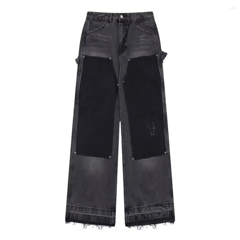 Men's Jeans Y2k Fashion Hip Hop High Street Double Knee Washed Design Rivets Destroyed Tassel Cargo Pocket Men Women Casual Trousers