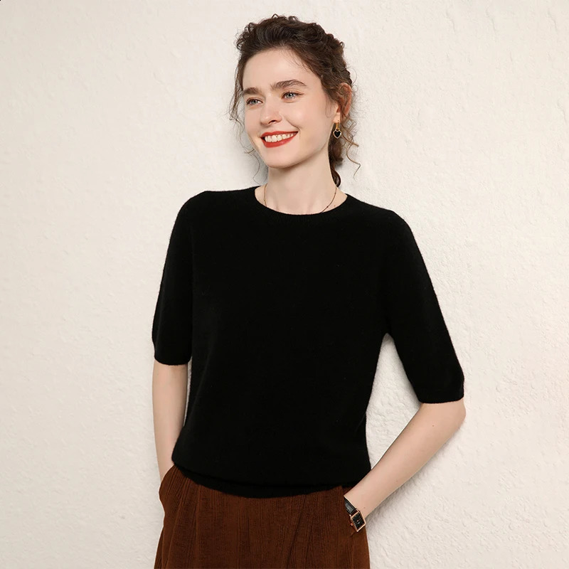 100 cashmere womens sweater short sleeved knitted Oneck five quarter sleeve fashionable selling Tshirt 241231