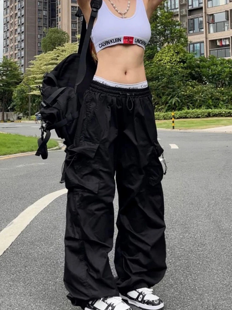 Y2K Parachute Black Pants Women Hippie Streetwear Oversize Pockets Cargo Trousers Harajuku Wide Leg Baggy Sweatpants 241231