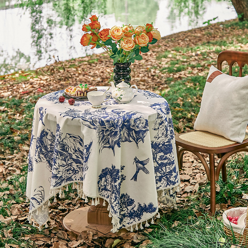 French Retro Blue Ink Pastoral Printing Coffee Table Tablecloth v-1