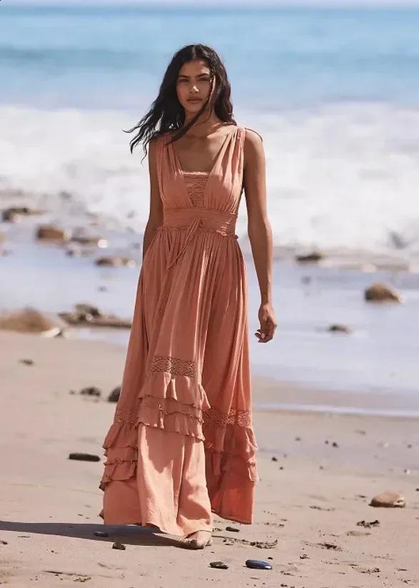 Canwedance Summer Beach Dress Sleeveless Cotton Maxi Dress Bohemian Style Solid Color Lace Ruffle Sundress Inkless Tank Top 241231