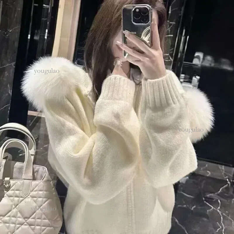 Nagodo Women Hood Knit Cardigan Fox Fur Collar Womens Long Sleeve Knitwear Zipper Jacket Solid Color Sweater Coat N11032 241122