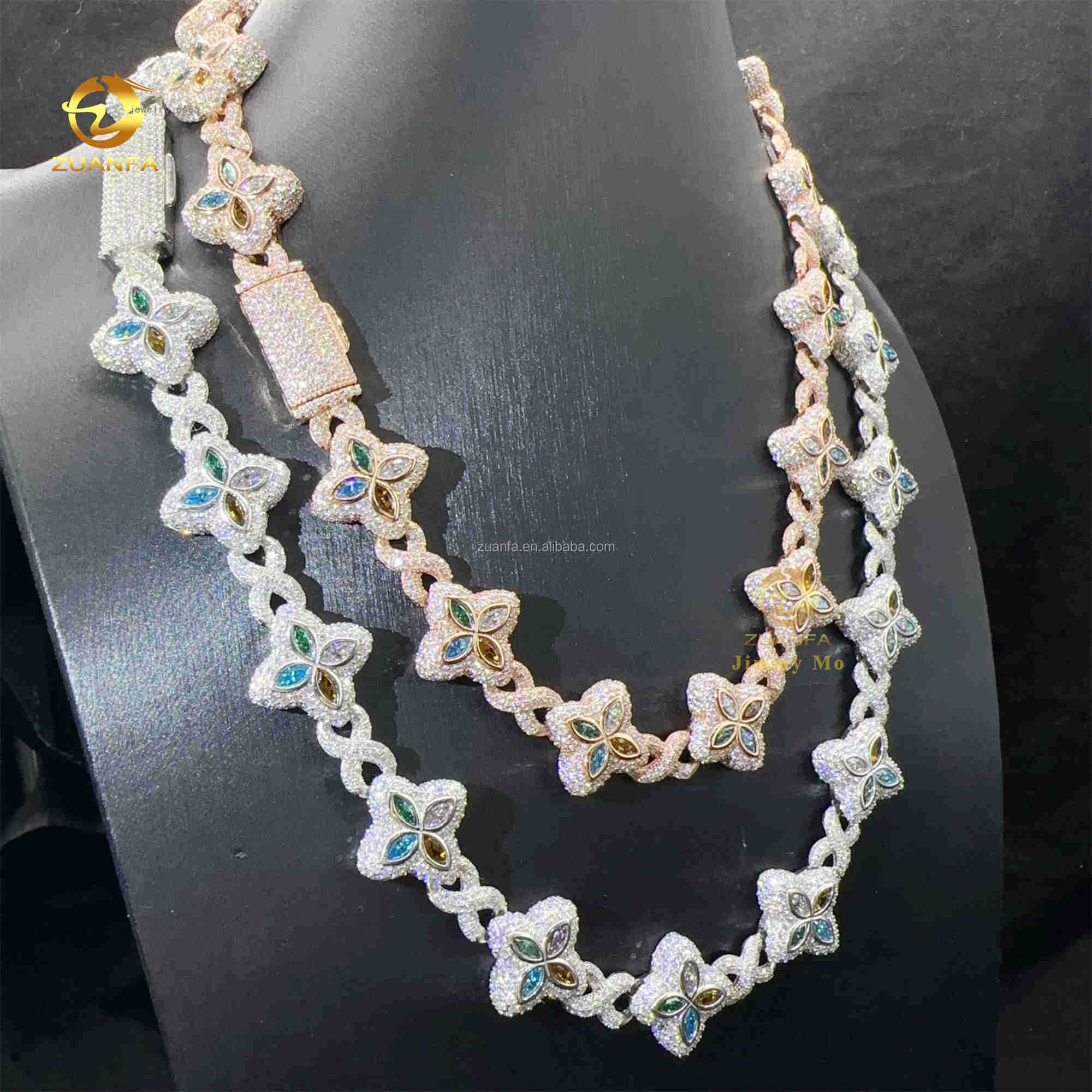 New Luxury Man Rapper Style Jewelry Iced Out Hip Hop VVS1 Fancy Moissanite Diamond Four Flowers Infinity Miami Cuban Link