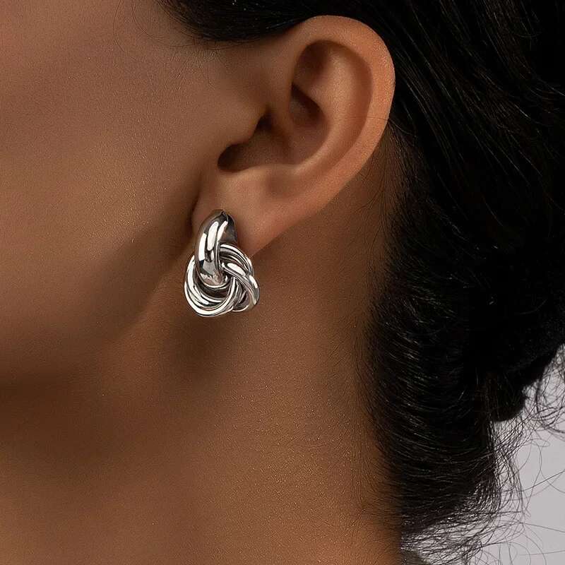 Gold SIer Color Knot Hoop for Women Fashion Shiny Plating Trendy Twist Earring Stud Cute Daily Wear Jewelry