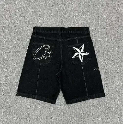 Summer Retro Denim Shorts for Men Star Embroidered Hip Hop Sewing Street Washing Trendy Casual Sports 240924