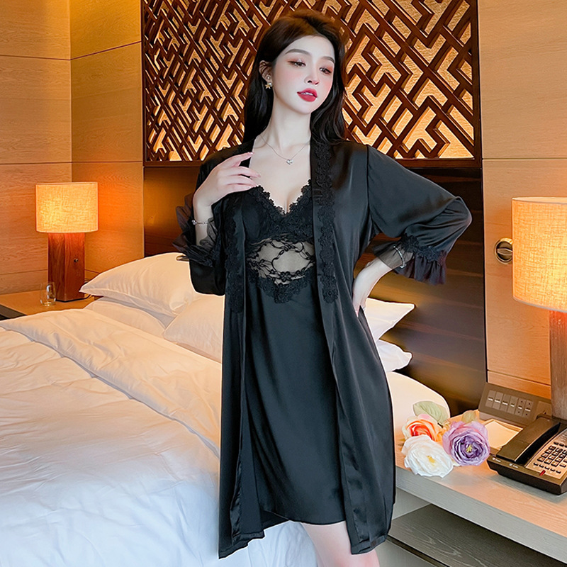 B613-Knitted striped pajamas home dress wholesale ladies short sleeve nightdress cotton female