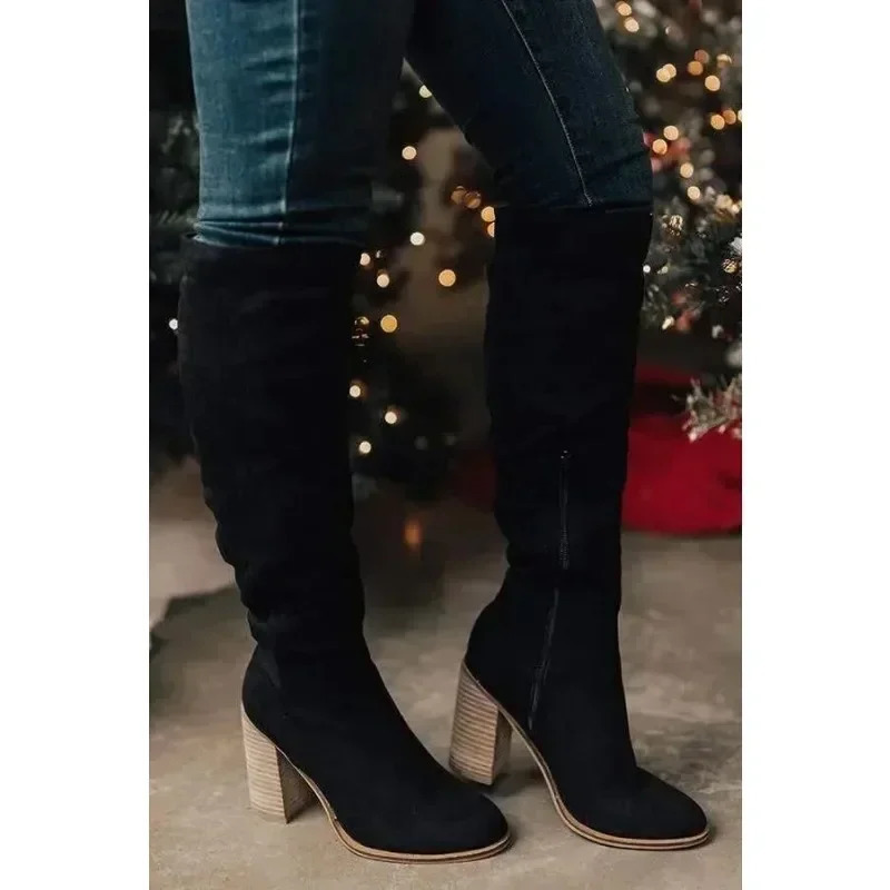 Women Knee-High Boots Sexy High Heels Solid Color Women Shoes Zip Winter Warm Flock Fashion Pointed Toe Rome Females Boots 250102