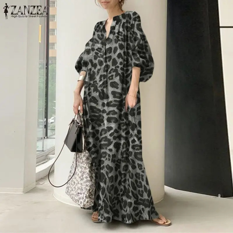 Fashion Printed Maxi Dress Womens Leopard Sundress ZANZEA Spring Puff Sleeve Long Vestidos Female V Neck Robe Oversize 241231