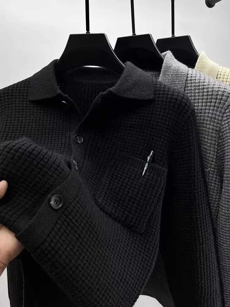 New Arrival High end waffle knit cardigan wool sweater winter new style lapel fashionable pocket Korean style knitted sweater casual solid color jacke